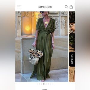 Olive Green Maxi Dress with Woven Bag